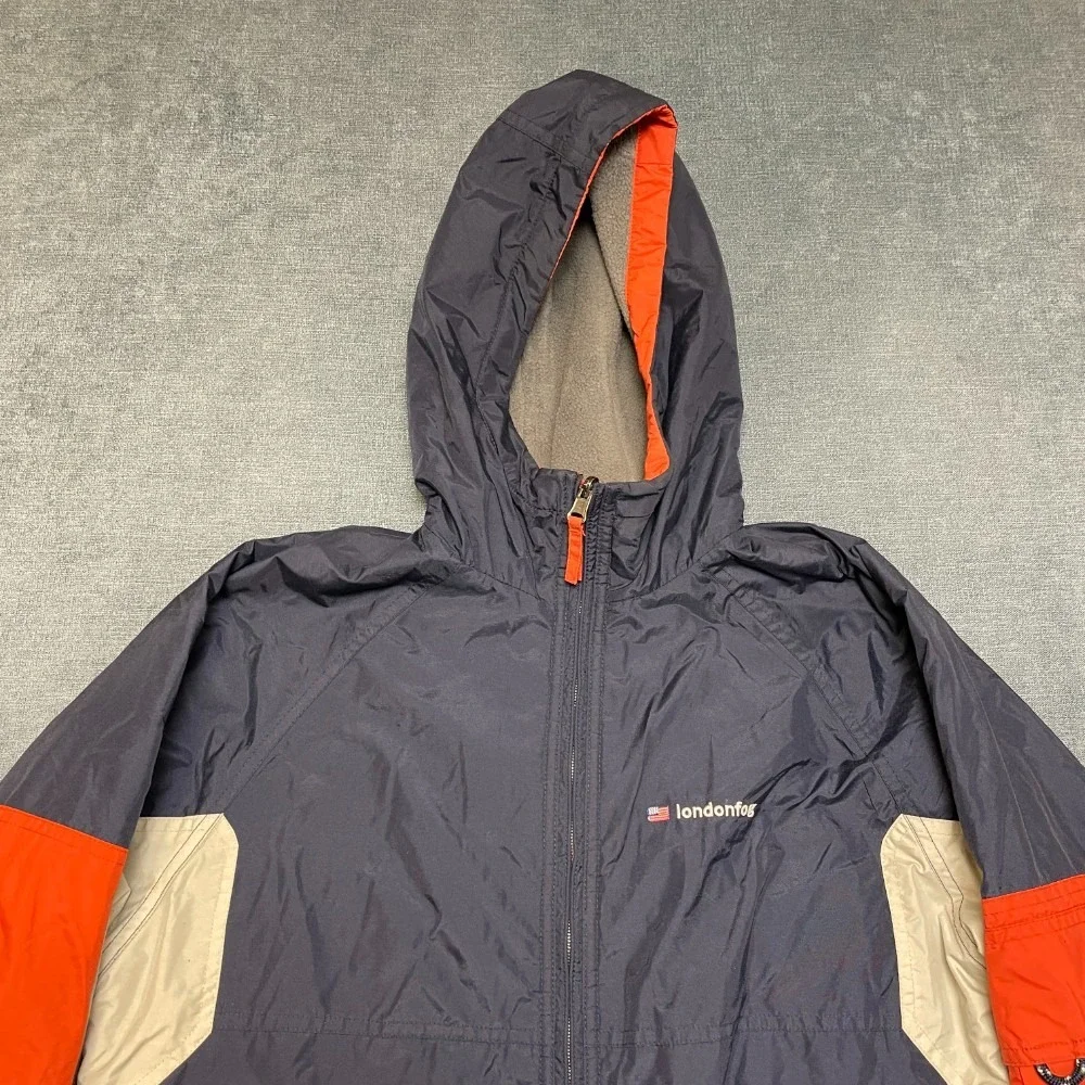 London Fog Reversible Jacket Youth L Navy Nylon to Fleece Hooded Raglan Sleeve